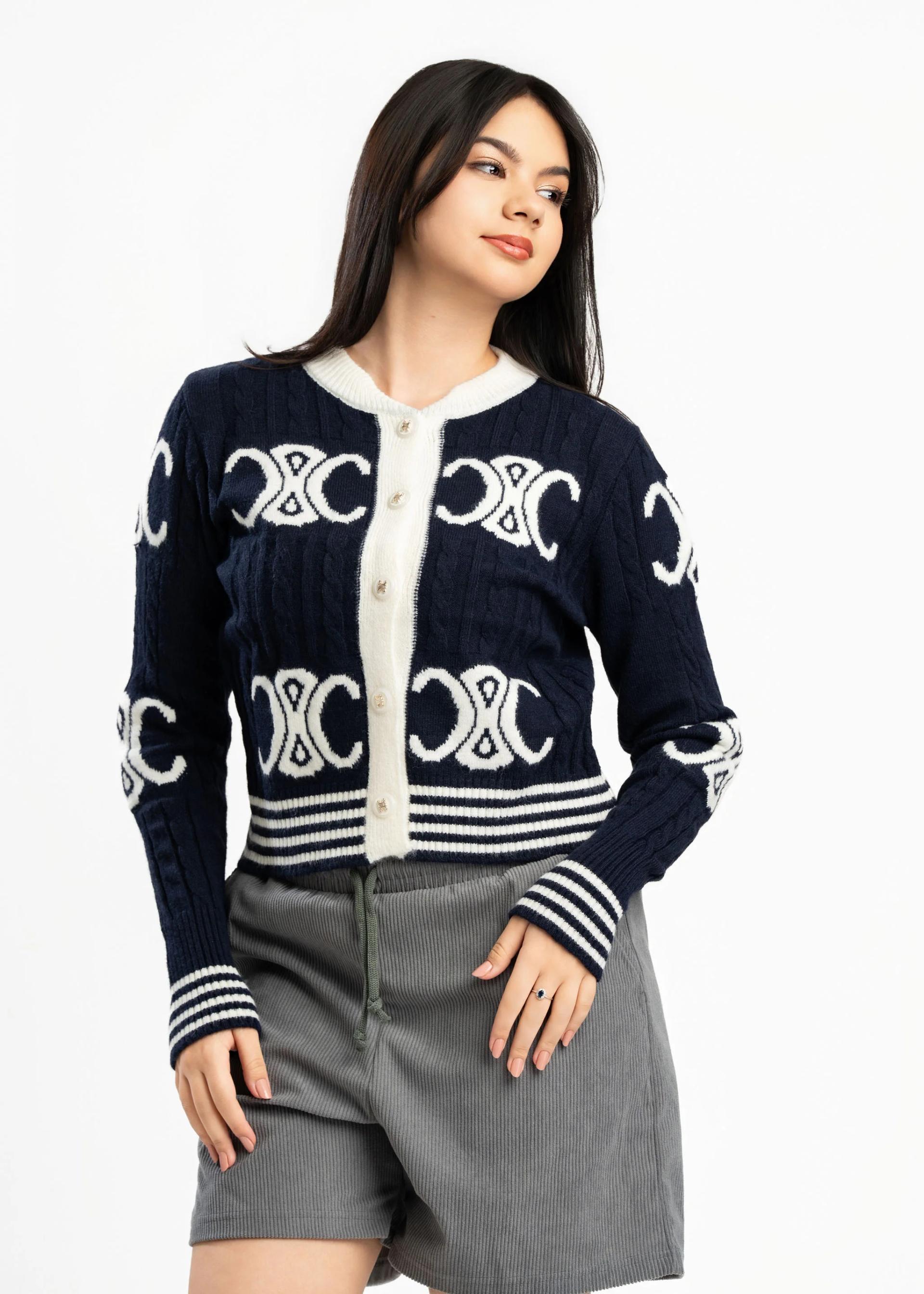 womens-navy-blue-buttonfront-logo-knit-cardigan