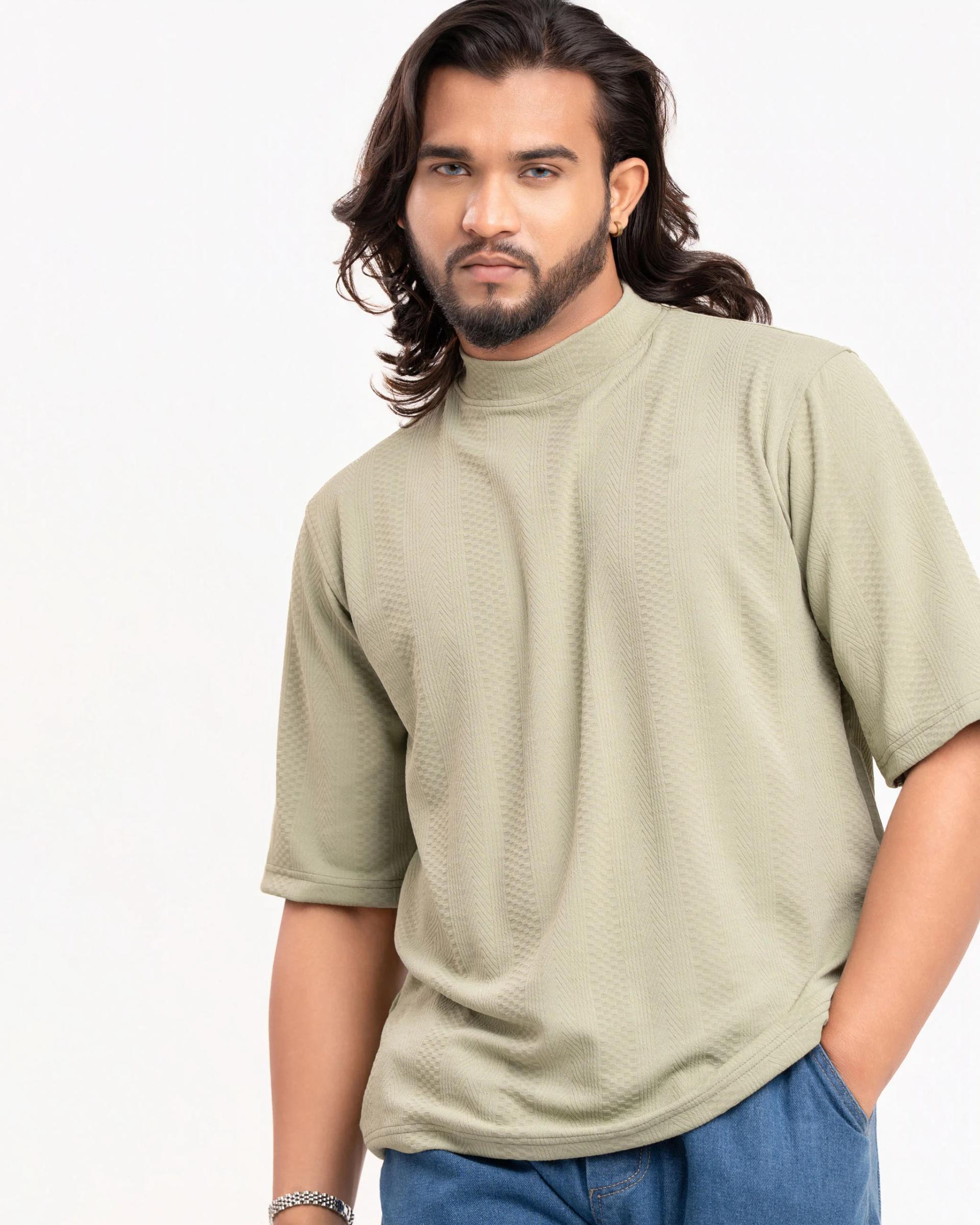 mens-olive-green-mock-neck-textured-tshirt
