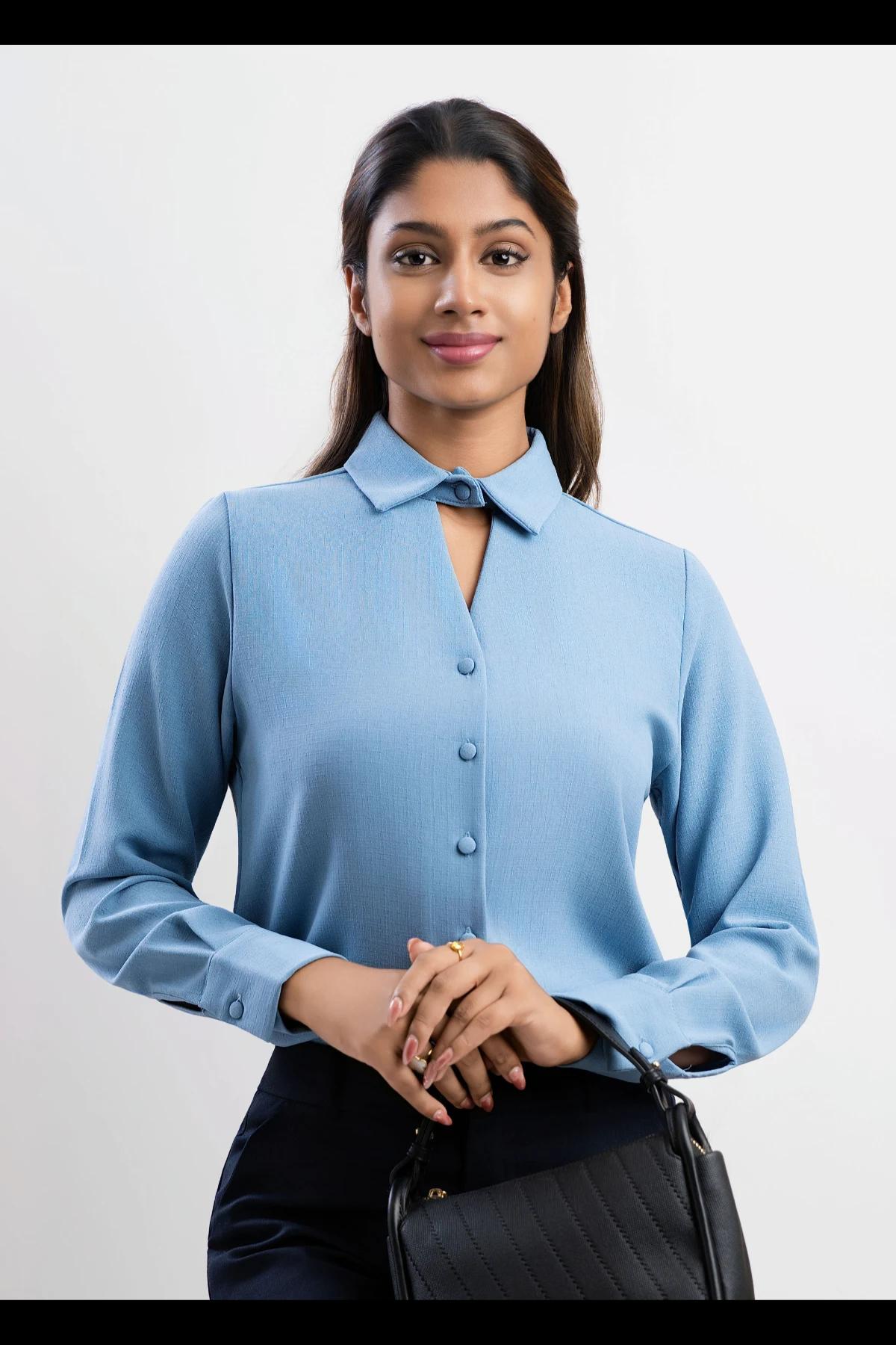 womens-blue-concealed-placket-long-sleeve-blouse