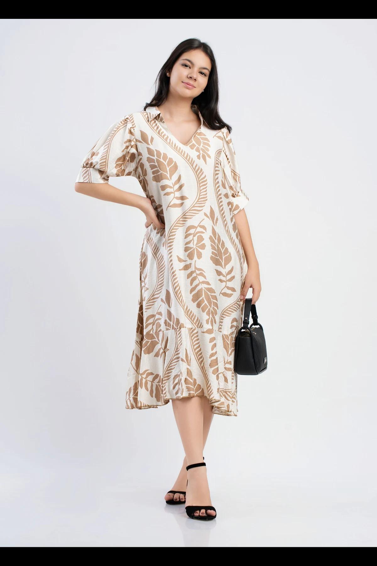 womens-beige-leaf-print-midi-dress-