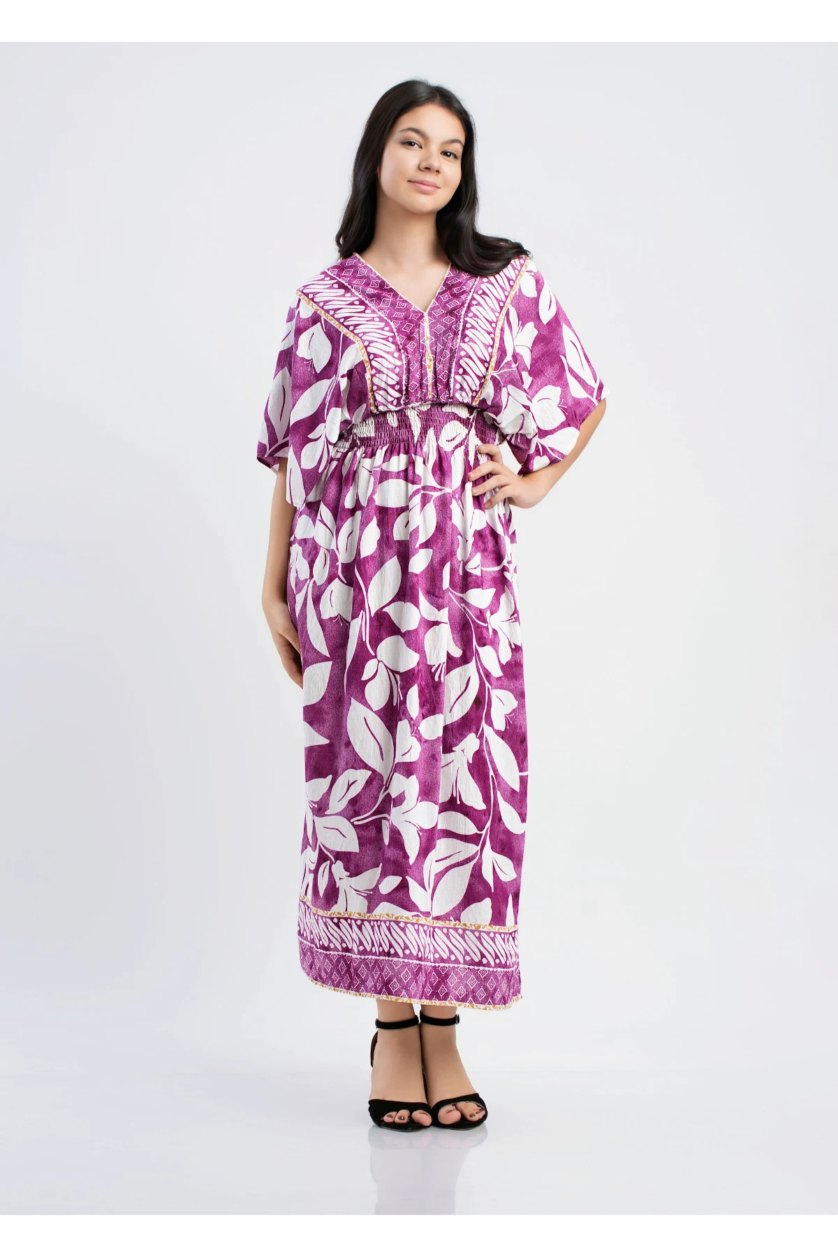 Purple Leaf Print Bohemian Maxi Dress | Kandy Selection