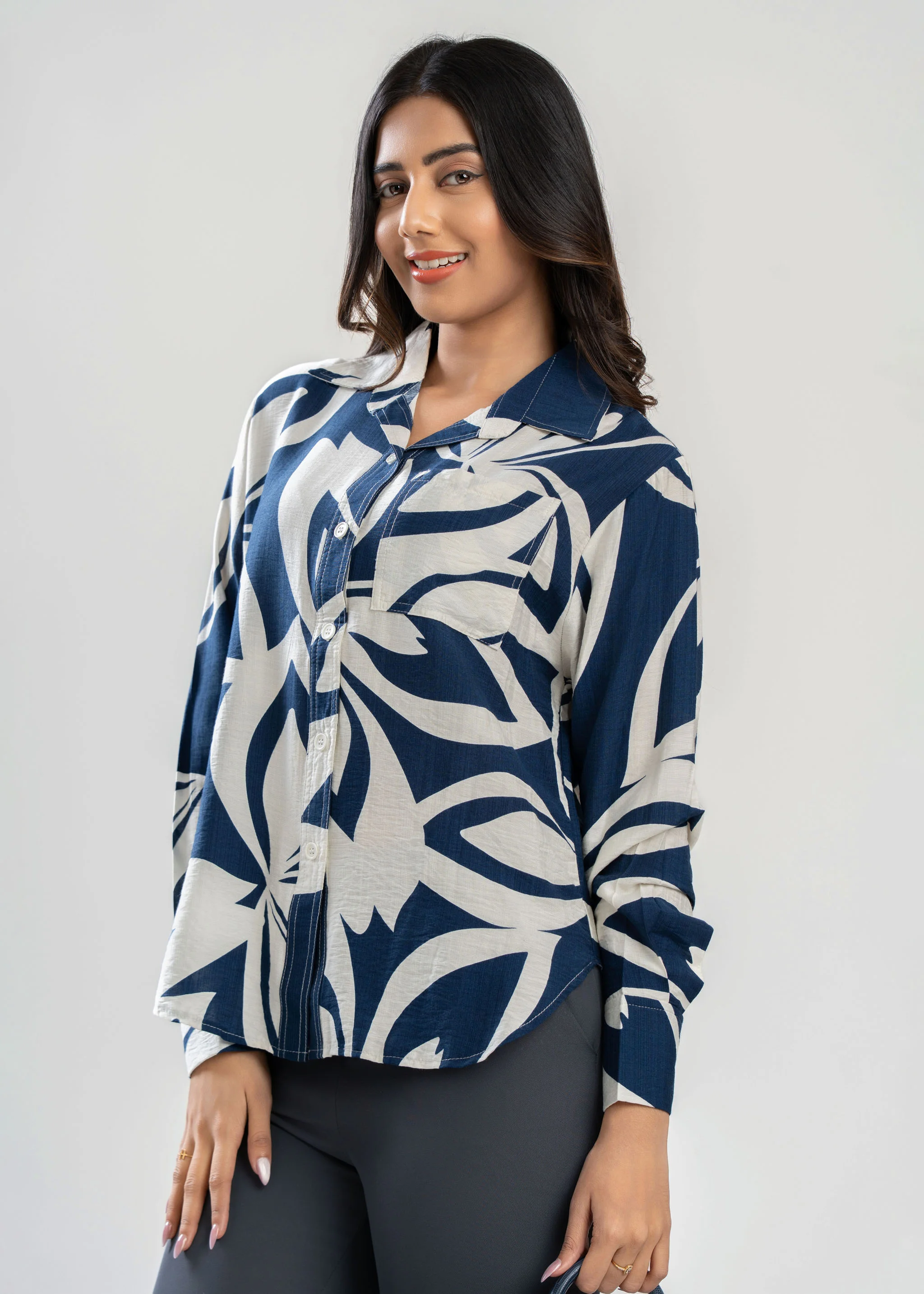 Navy & Beige Abstract Print Shirt | Kandy Selection